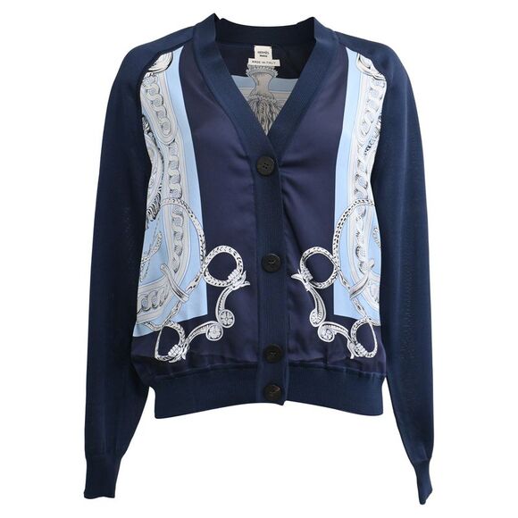 Hermès Printed Buttoned Cardigan in Navy Blue Silk